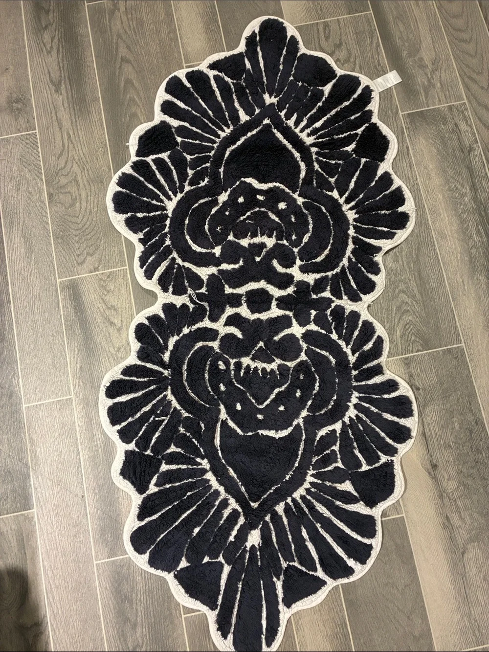 Anthropology- Navy & White Floral Bath Rug - Plush Accent Mat